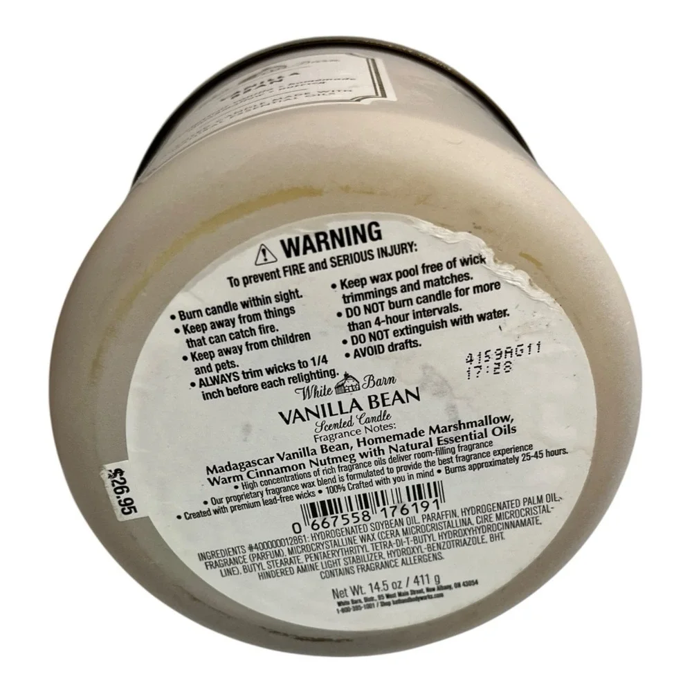 White Barn Bath & Body Works Vanilla Bean 3 Wick Scented Candle  14.5 oz lid